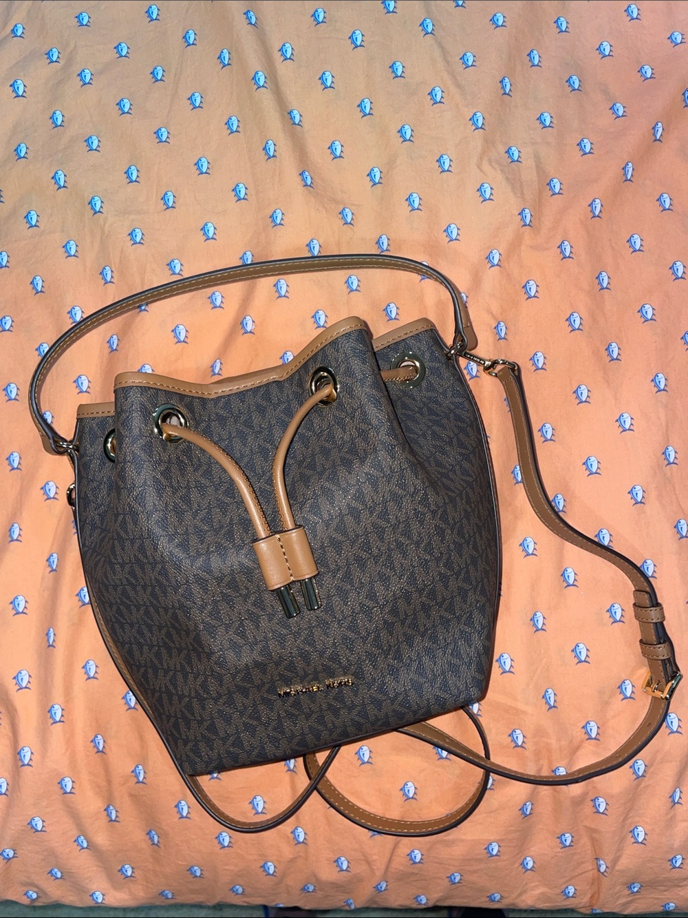 Michael Kors Brown Logo Drawstring Bucket Bag with Tan Trim